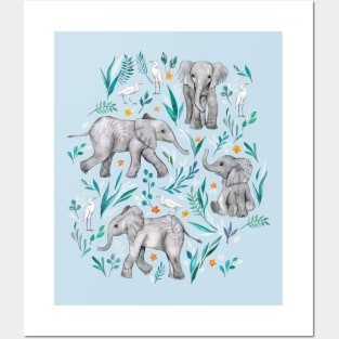 Baby Elephants and Egrets in Watercolor - egg shell blue Posters and Art